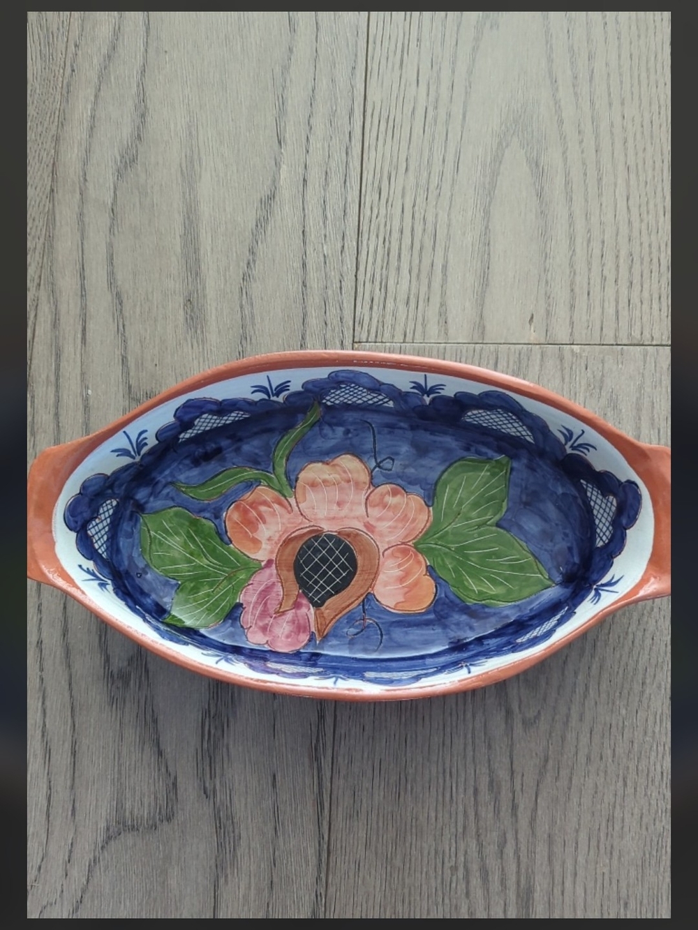 Vintage Hand Painted Portuguese Pottery Oval Terracotta Dish With Handles